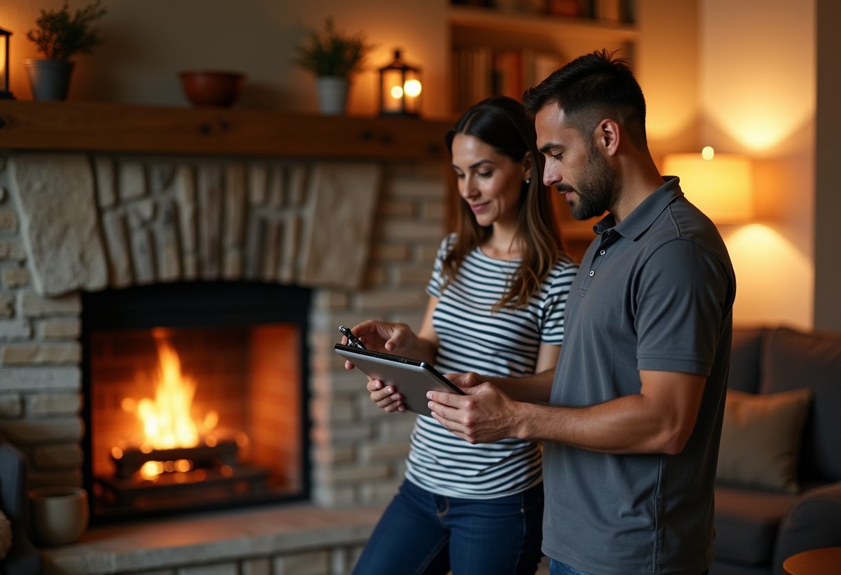 Technician showing a camera inspection beside a stone fireplace — North Bethesda